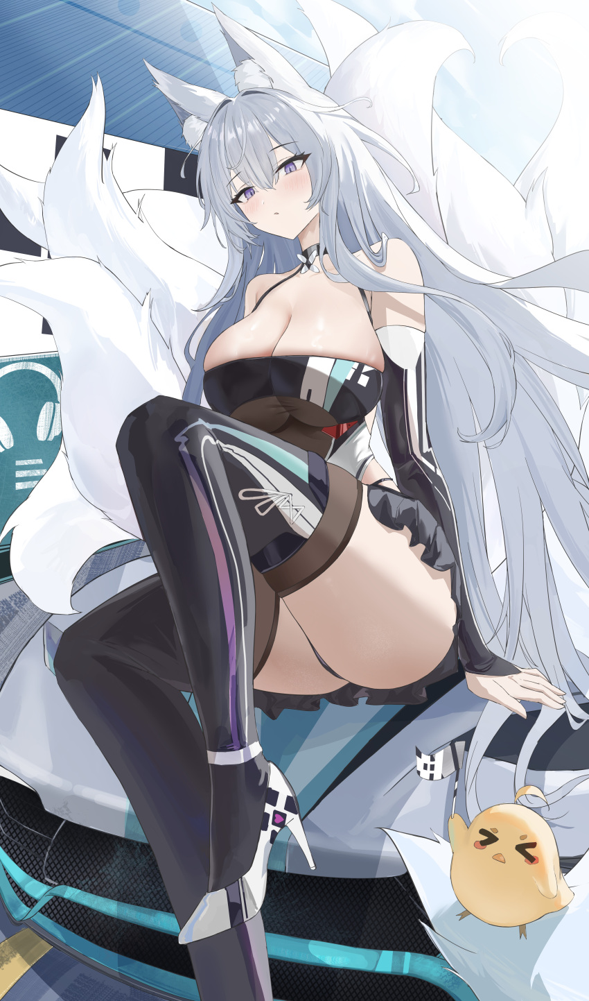 absurdres alternate_costume animal_ear_fluff animal_ears azur_lane black_thighhighs blush breasts car cleavage commentary_request female fox_ears fox_tail grey_hair high_heels highres knee_up large_breasts long_hair manjuu_(azur_lane) mianbei_gai_gai motor_vehicle official_alternate_costume purple_eyes race_queen shinano_(azur_lane) shinano_(moonlit_chrome)_(azur_lane) sitting solo tail thighhighs very_long_hair white_footwear