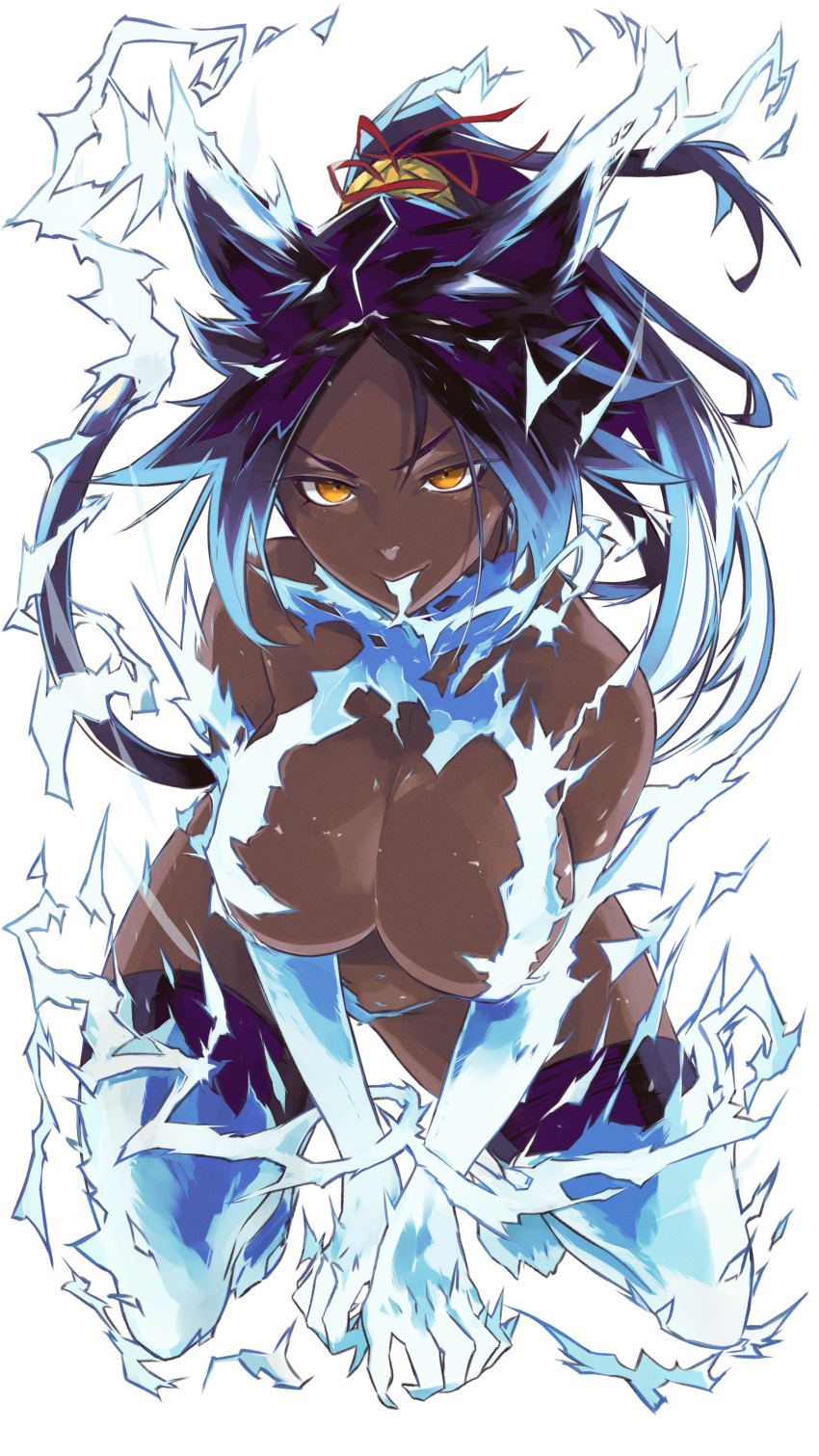 absurdres alternate_form animal_ears bare_shoulders black_thighhighs bleach bleach:_sennen_kessen-hen breasts cat_ears cat_tail claws cleavage commentary dark-skinned_female dark_skin electricity electrokinesis english_commentary female full_body highres king_rooper kneeling large_breasts long_hair looking_at_viewer ponytail purple_hair shihouin_yoruichi smile solo tail thighhighs v-shaped_eyebrows white_background yellow_eyes