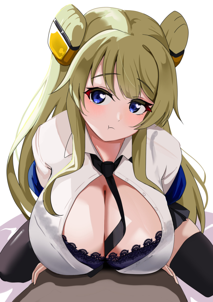 :t between_breasts black_necktie black_shirt black_thighhighs blue_eyes blush bra bra_visible_through_clothes breasts cleavage code_geass code_geass:_boukoku_no_akito collared_shirt commentary_request dress_shirt female frown green_hair heart heart_in_eye highres huge_breasts lace-trimmed_bra lace_trim leaning_forward leila_malcal looking_at_viewer miniskirt necktie necktie_between_breasts off_shoulder partial_commentary pisagi pleated_skirt pout purple_bra see-through_clothes see-through_shirt shirt skirt solo straddling symbol_in_eye thighhighs twintails underwear white_shirt