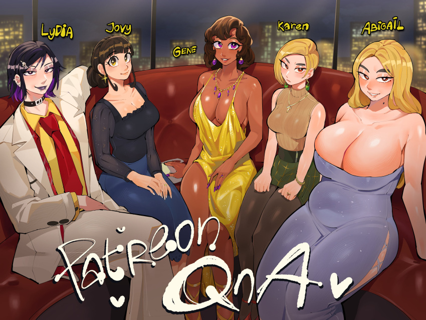 5girls abby_(diforland) absurdres barbell_piercing bell-bottoms big_belly black_choker black_hair blonde_hair blush bracelet breasts brown_hair bursting_breasts character_name choker cityscape cleavage cocktail_dress commentary couch dark-skinned_female dark_skin diforland dress earrings english_commentary english_text eyeshadow fingernails flat_chest gene_(diforland) gold_dress goth_fashion gradient_hair green_skirt grey_eyeshadow grey_pantyhose group_picture hair_bun hair_ornament hairclip highres huge_breasts jewelry jovy_milkdust_(diforland) karen_(diforland) large_breasts legs_together lip_piercing long_dress long_fingernails long_hair long_skirt looking_at_viewer lydia_(diforland) makeup mature_female medium_breasts miniskirt mismatched_eyebrows mole mole_on_breast mole_on_neck mother_and_daughter multicolored_hair multiple_girls nail_polish necktie night no_bra orange_eyes original pant_suit pants pantyhose pencil_skirt piercing plaid_clothes plaid_skirt plump plunging_neckline purple_eyes purple_hair purple_lips purple_nails red_necktie red_vest reverse_trap ring shirt short_hair side_slit single_hair_bun sitting skindentation skirt spaghetti_strap star_(symbol) star_earrings strapless strapless_dress suit sweater_vest swept_bangs teardrop_earrings thick_eyebrows thick_thighs thighs very_dark_skin vest wedding_ring white_nails white_suit window yellow_shirt