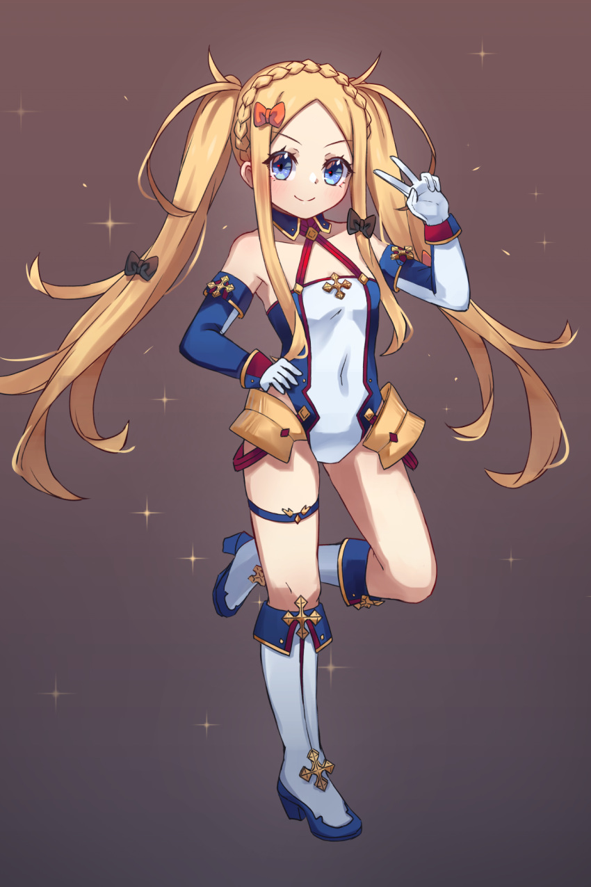 abigail_williams_(fate) armor bare_shoulders black_bow blonde_hair blue_eyes blue_gloves blue_leotard blush boots bow bradamante_(fate) bradamante_(fate)_(cosplay) bradamante_(first_ascension)_(fate) braid breasts commentary cosplay crown_braid elbow_gloves english_commentary fate/grand_order fate_(series) faulds female forehead full_body gloves hairbow highleg highleg_leotard highres knee_boots leotard long_hair looking_at_viewer miya_(miyaruta) multiple_hair_bows orange_bow parted_bangs sidelocks small_breasts smile solo thigh_strap two-tone_gloves two-tone_leotard v white_footwear white_gloves white_leotard