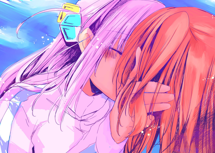 2girls absurdres ao_(aymr6215) blue_background blush bocchi_the_rock! closed_eyes commentary_request cube_hair_ornament gotoh_hitori hair_ornament hand_in_another's_hair highres jacket kissing kita_ikuyo long_hair long_sleeves multiple_girls pink_hair pink_jacket red_hair track_jacket yuri