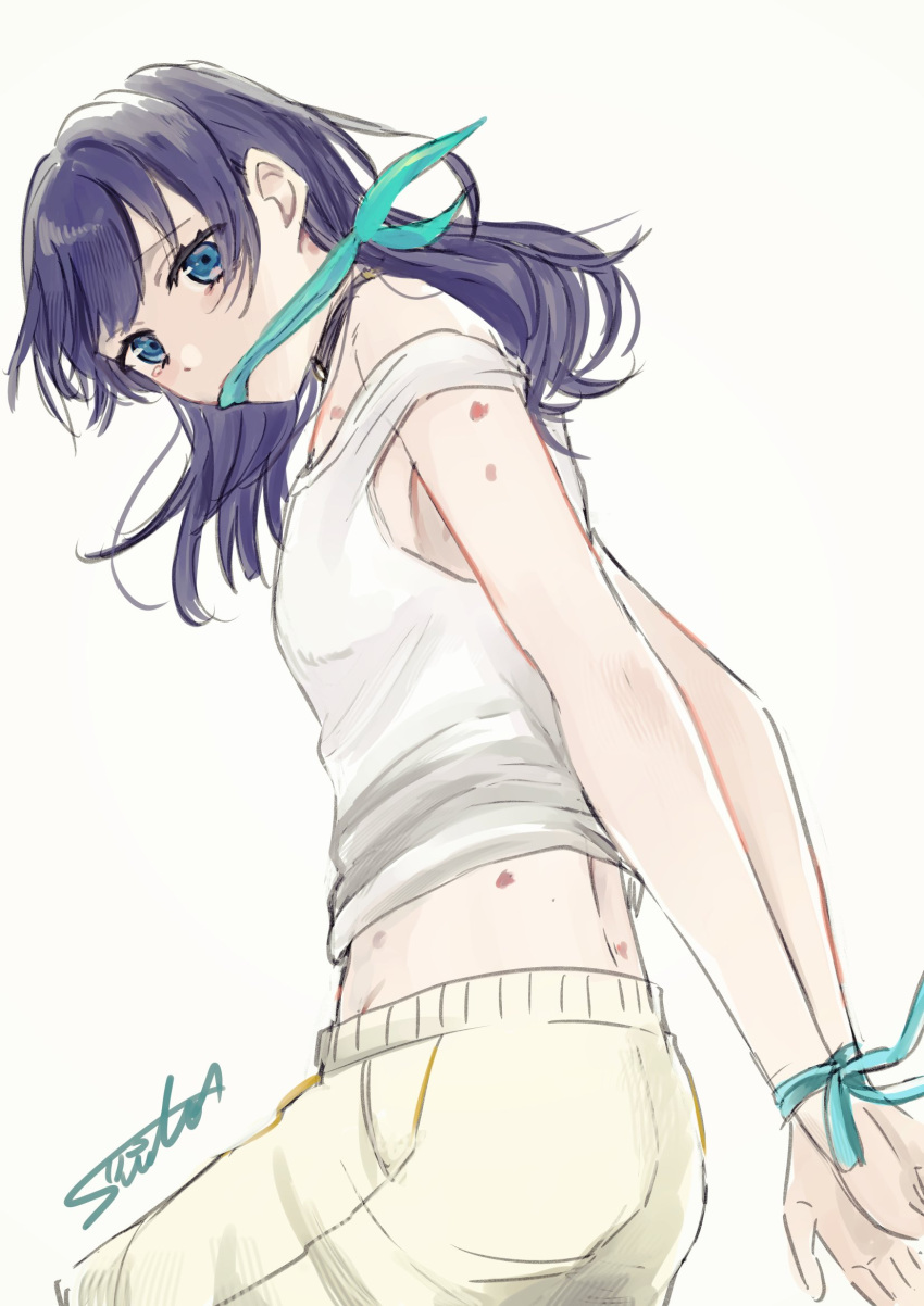 arms_behind_back artist_name blue_eyes blue_hair blue_ribbon bound bound_arms breasts clothes_gag commentary_request cowboy_shot dark_blue_hair female gag gagged hickey highres hood hood_down improvised_gag link!_like!_love_live! long_hair looking_at_viewer love_live! midriff murano_sayaka ribbon shorts signature simple_background small_breasts solo suito tank_top virtual_youtuber white_background white_shorts white_tank_top