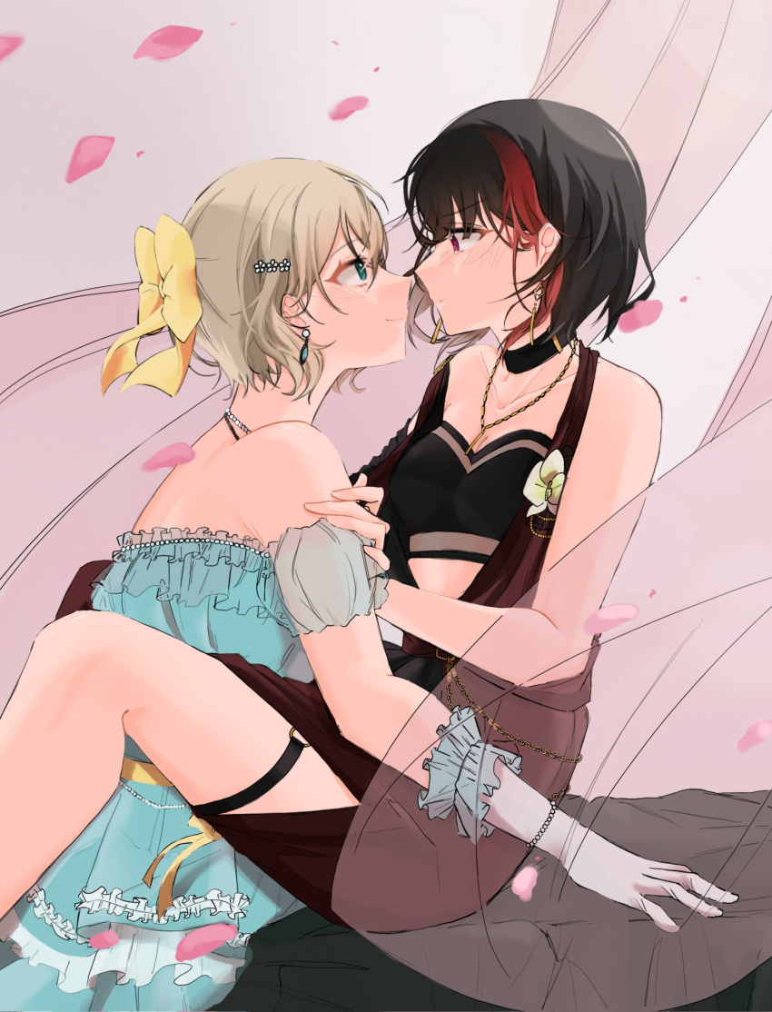 2girls aoba_moca ba_bam bang_dream! bare_shoulders between_legs black_bra black_choker black_hair blue_dress blue_eyes blush bow bra bracelet brown_hair choker closed_mouth collarbone commentary dress earrings eye_contact falling_petals gloves hairbow hand_on_another's_shoulder hashtag-only_commentary highres jewelry light_brown_hair looking_at_another mitake_ran multicolored_hair multiple_girls necklace petals red_eyes red_hair short_hair sitting smile streaked_hair thigh_strap underwear white_gloves yellow_bow yuri