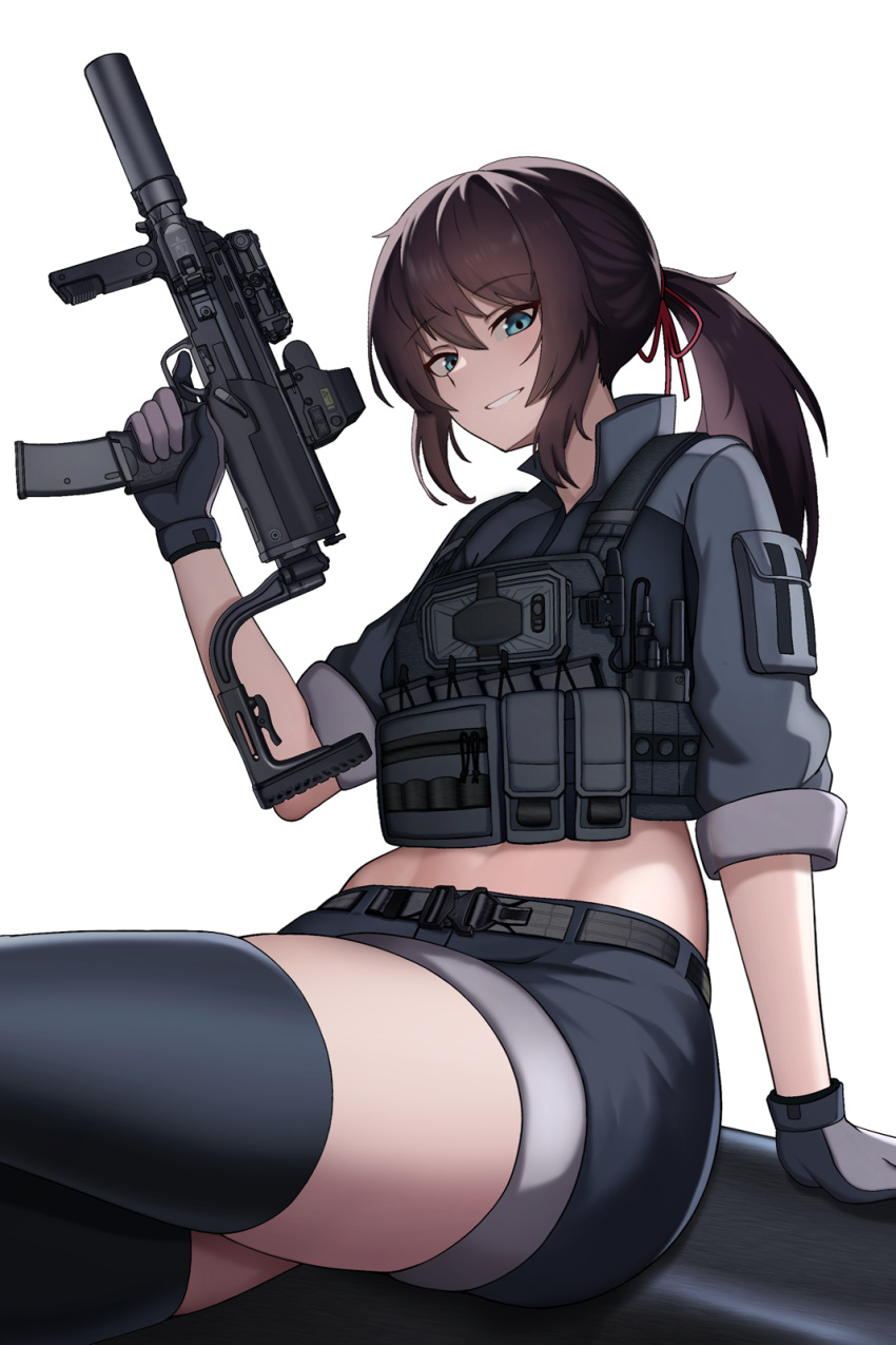 ammunition_pouch black_gloves black_shorts black_thighhighs blue_eyes breasts brown_hair cellphone cero_(last2stage) commission cropped_jacket female finger_on_trigger flashlight gloves gun h&k_mp7 hair_between_eyes highres holding holding_plate holding_weapon large_breasts laser_sight looking_at_viewer midriff navel open_mouth optical_sight original phone plate ponytail pouch radio short_shorts shorts sitting sleeves_rolled_up smile solo submachine_gun suppressor termichan_(not-a-bot) thighhighs weapon