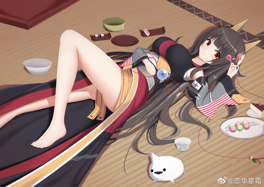 akagi_(warship_girls_r) armpits black_hair bowl breasts cup dango detached_sleeves female food galo_(warship_girls_r) hair_ornament japanese_clothes kimono large_breasts long_hair looking_at_viewer lying on_back prinz_eugen1938 red_eyes sanshoku_dango sarashi smile solo sushi very_long_hair wagashi warship_girls_r weibo_logo weibo_watermark