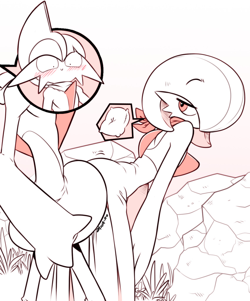 1boy blush bob_cut female gallade gardevoir grass hair_over_one_eye half-closed_eyes highres humping leaning_forward looking_back pillow pink_eyes pink_scarf pokemon pokemon_(creature) rock scarf signature smile superiordutchsauce