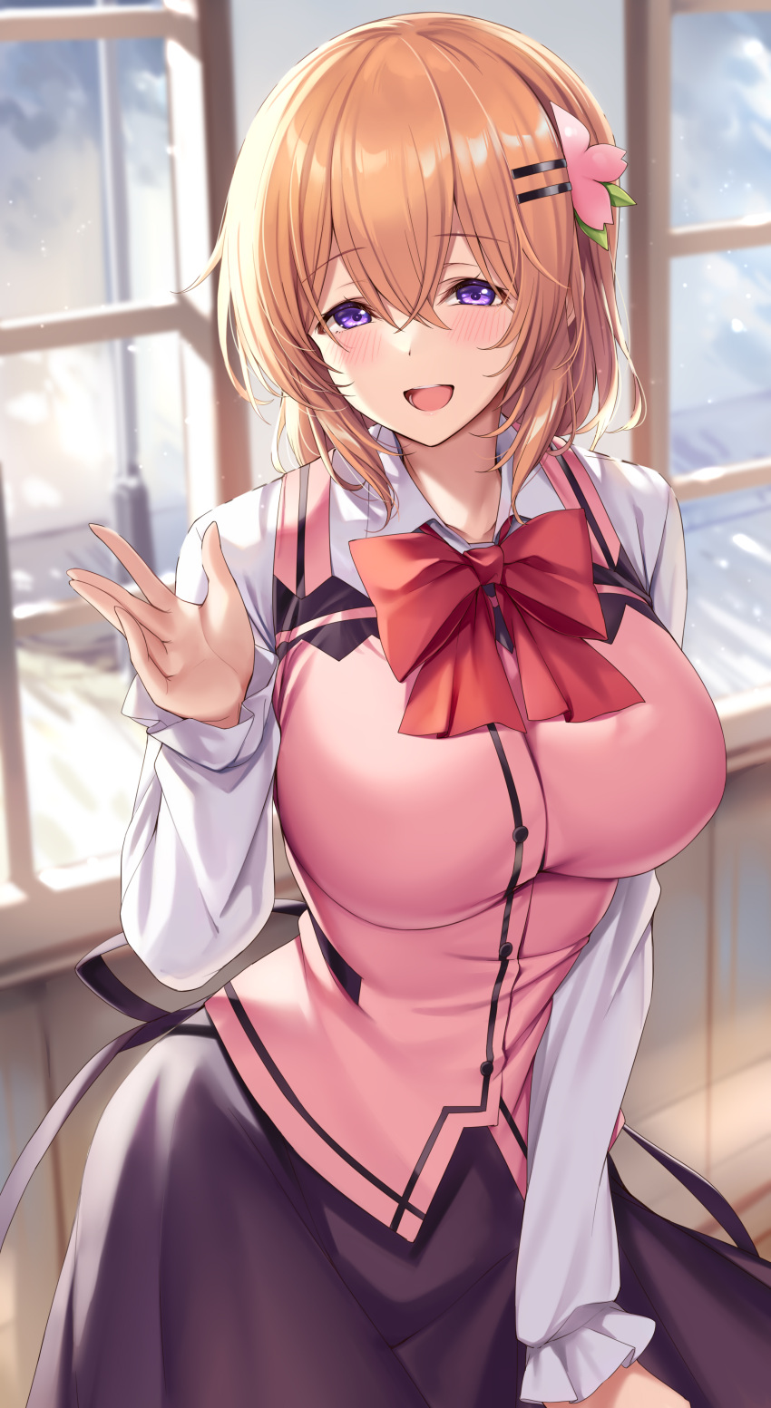 absurdres aged_up black_skirt blush bow bowtie breasts collared_shirt commentary_request female gochuumon_wa_usagi_desu_ka? hair_between_eyes hand_up highres hoto_cocoa indoors ks_(xephyrks) large_breasts long_sleeves looking_at_viewer medium_hair open_mouth orange_hair pink_vest purple_eyes red_bow red_bowtie shirt skirt smile solo vest white_shirt