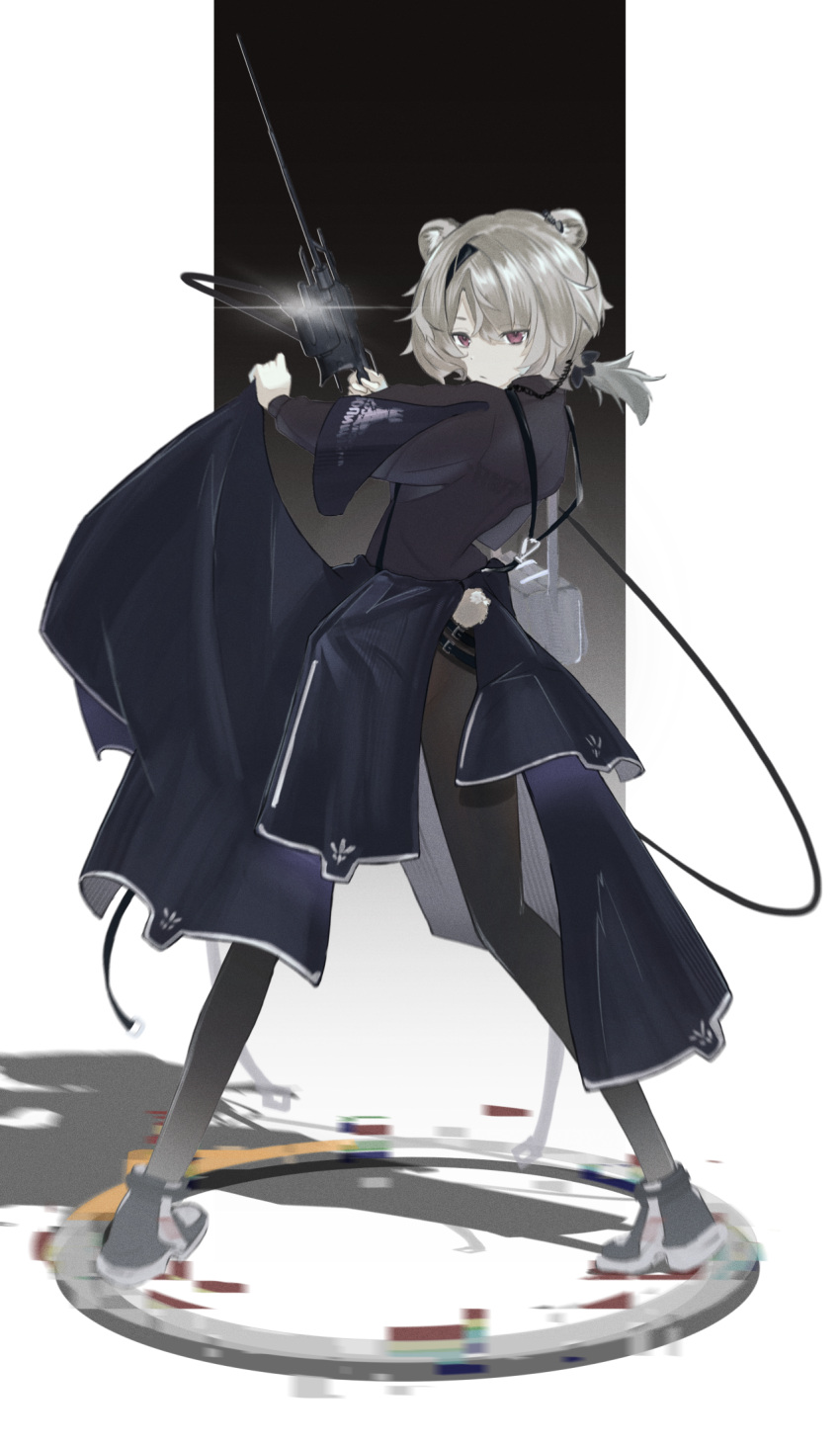 absinthe_(arknights) animal_ears arknights bag black_footwear black_shirt closed_mouth coat coat_around_waist expressionless female full_body glint glitch grey_hair hair_ornament highres holding holding_weapon pink_eyes purple_coat revision shirt shoes short_hair solo standing strap tkrm217 weapon