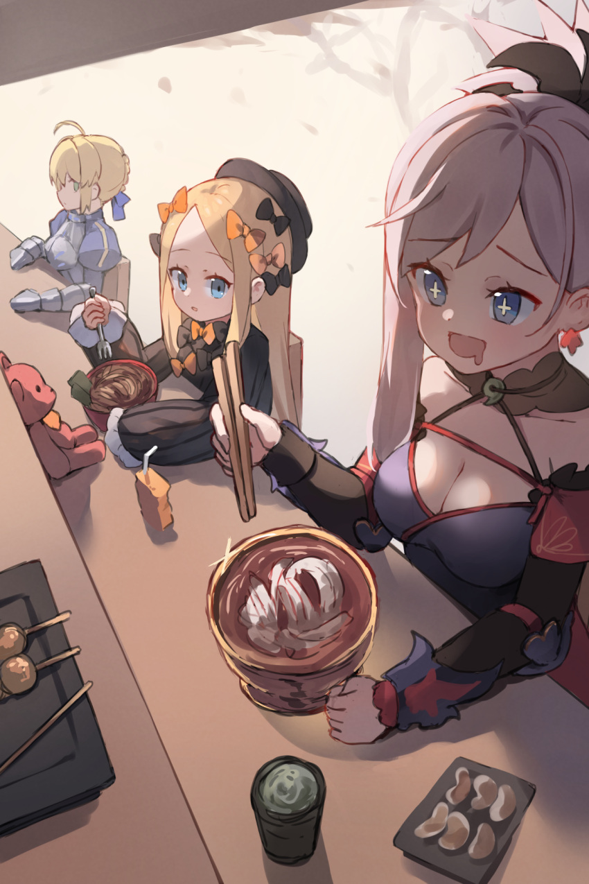 +_+ 3girls :d abigail_williams_(fate) ahoge armor armored_dress artoria_pendragon_(fate) bare_shoulders black_bow black_hat blonde_hair blue_dress blue_eyes bow bowl braid breastplate breasts chair chopsticks cleavage commentary cup dress drooling english_commentary fate/grand_order fate_(series) food food_request fork gauntlets grey_hair hairbow hat highres holding holding_chopsticks holding_fork juliet_sleeves long_hair long_sleeves medium_breasts miya_(miyaruta) miyamoto_musashi_(fate) mouth_drool multiple_girls multiple_hair_bows on_chair orange_bow parted_bangs puffy_long_sleeves puffy_sleeves saber_(fate) sitting sleeves_past_fingers sleeves_past_wrists smile stuffed_animal stuffed_toy teddy_bear upper_body very_long_hair yunomi