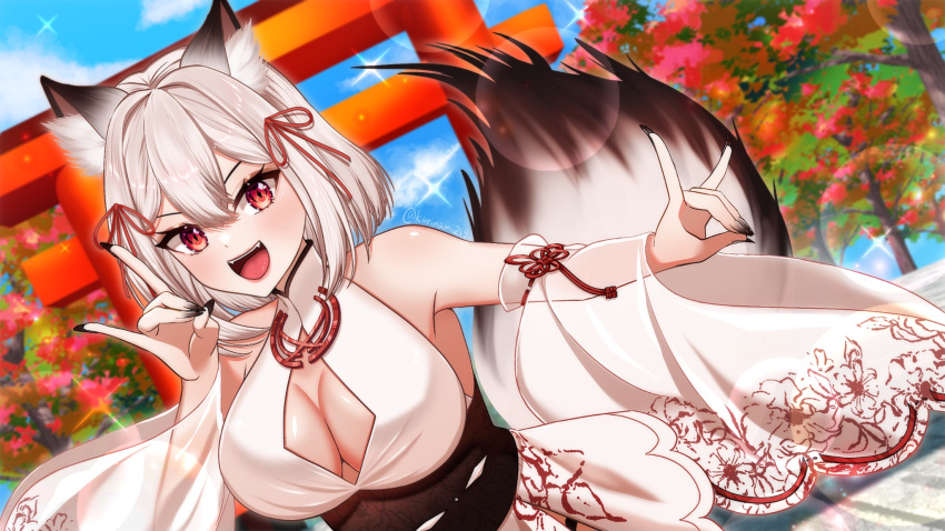 animal_ear_fluff animal_ears bare_shoulders black_nails breasts cleavage_cutout clothing_cutout cloud commission detached_sleeves double_fox_shadow_puppet dress female fingernails fox_ears fox_girl fox_shadow_puppet fox_tail grey_hair hair_ribbon highres indie_virtual_youtuber kurinami219 niyakami_(vtuber) open_mouth red_eyes red_ribbon ribbon sharp_fingernails skeb_commission sky sleeveless sleeveless_dress solo tail teeth torii tree twitter_username upper_teeth_only virtual_youtuber white_dress white_sleeves wide_sleeves