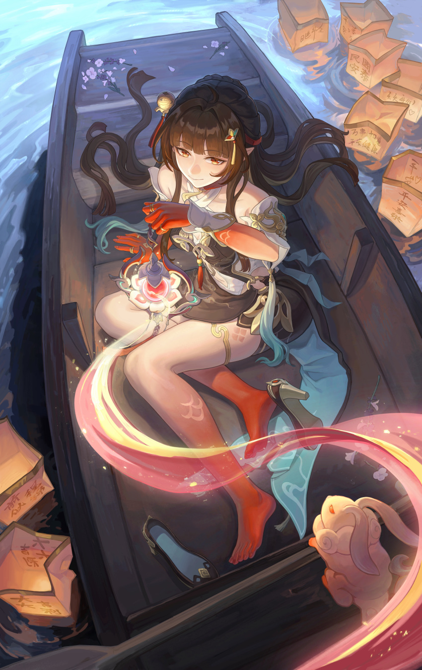 absurdres barefoot boat brown_hair closed_mouth colored_extremities commentary dress female flower from_above full_body hair_ornament halter_dress halterneck high_heels highres honkai:_star_rail honkai_(series) lantern lingsha_(honkai:_star_rail) long_hair paper_lantern pointy_ears red_eyes red_feet red_hands sitting smile solo tassel tassel_hair_ornament unworn_footwear very_long_hair water watercraft wo_de_huihua_bu