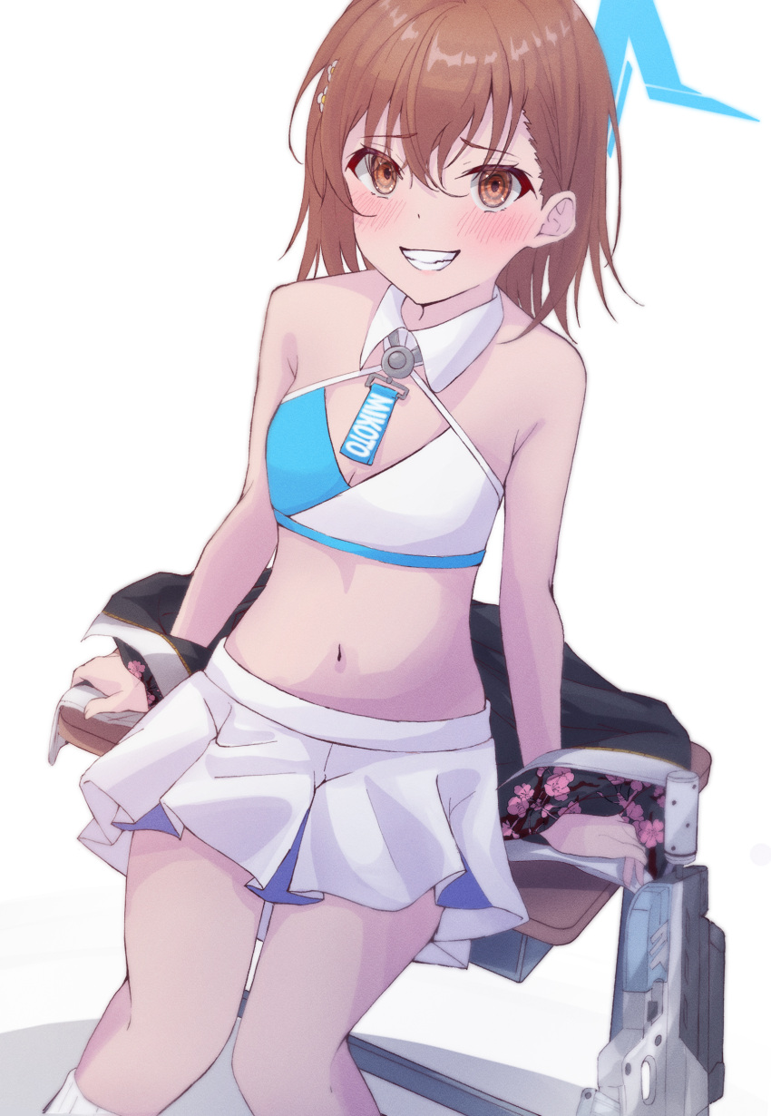 absurdres blue_archive blue_halo blush breasts brown_eyes brown_hair cheerleader commission criss-cross_halter crop_top desk detached_collar female grin halo halterneck halya_meri highres looking_at_viewer midriff millennium_cheerleader_outfit_(blue_archive) miniskirt misaka_mikoto navel pleated_skirt skeb_commission skirt smile solo sports_bra teeth toaru_kagaku_no_railgun toaru_majutsu_no_index white_skirt