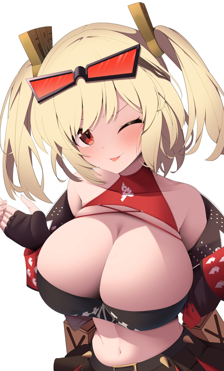 absurdres blonde_hair blush breasts burnice_white cleavage eyewear_on_head female fingerless_gloves gloves highres huge_breasts jacket looking_at_viewer navel one_eye_closed red_eyes simple_background skirt solo sunglasses tetori_(tetolisto) white_background zenless_zone_zero