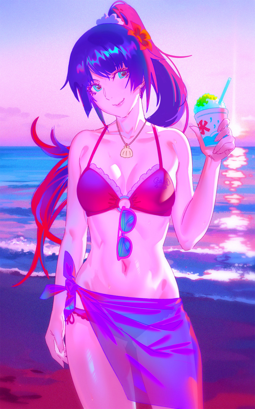 ass_visible_through_thighs bakemonogatari beach bikini blue_eyes breasts cleavage cup eyewear_hang female flower food glasses hair_flower hair_ornament highres holding holding_cup ice_cream ice_cream_cup long_hair medium_breasts midriff monogatari_(series) navel ocean outdoors purple_hair rapa_rachi revision senjougahara_hitagi sky smile solo sunglasses swimsuit unworn_eyewear water