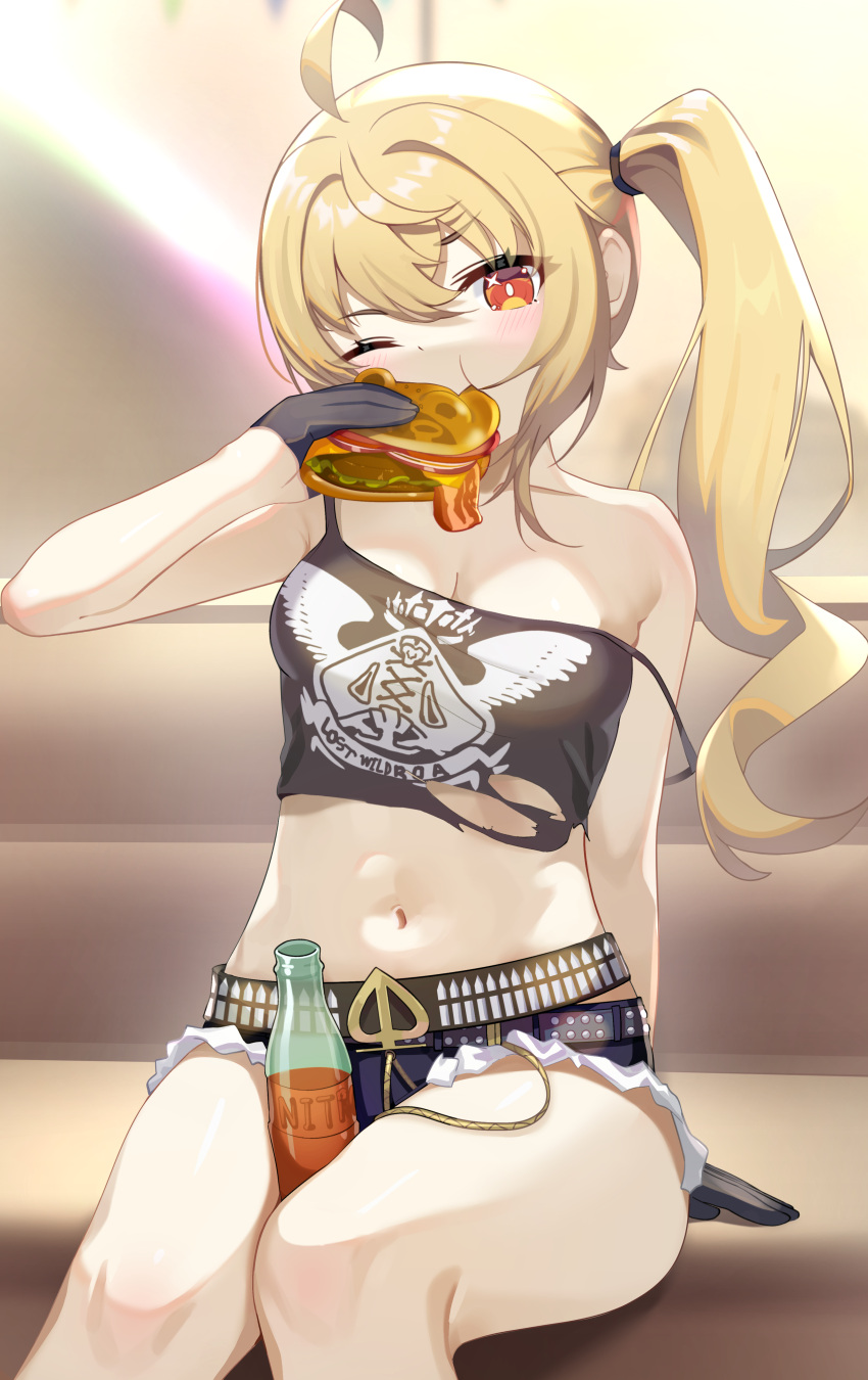 absurdres ahoge bare_shoulders belt black_belt black_gloves blonde_hair bottle camisole commentary crop_top female gloves highres holding_sandwich long_hair looking_at_viewer luciana_de_montefio midriff n3moni navel no_headwear one_eye_closed orange_eyes side_ponytail sitting solo spaghetti_strap stomach strap_slip thighs very_long_hair zenless_zone_zero