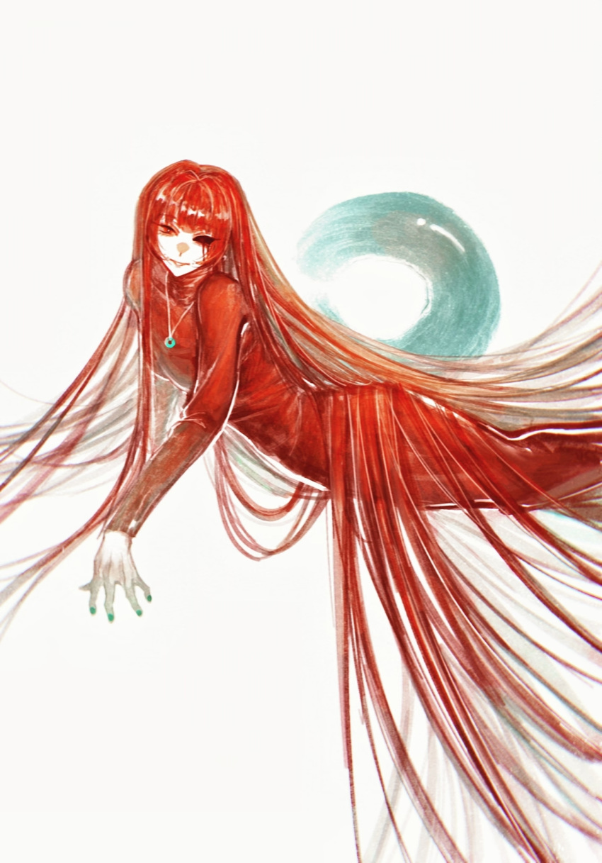 absurdly_long_hair alternate_eye_color alternate_hair_color blood blood_from_eyes chinese_commentary commentary_request dress female green_nails highres jewelry long_hair long_sleeves missing_eye naihe_(female)_(touqi_guaitan) necklace red_dress red_eyes red_hair smile solo touqi_guaitan very_long_hair white_background zuo_dian_fan_bie_da_chuzi