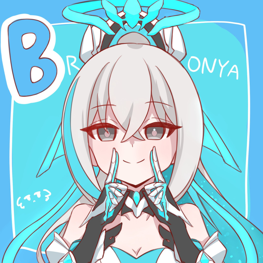 bare_shoulders blue_background breasts bronya_zaychik character_name cleavage closed_mouth commentary_request female grey_eyes grey_hair hair_between_eyes hands_up highres honkai_(series) honkai_impact_3rd index_finger_raised koyoi_yyyoi long_hair looking_at_viewer medium_breasts ponytail smile solo strapless upper_body