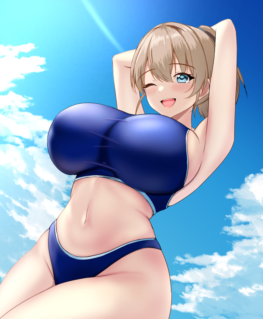 beach bikini blue_bikini blue_eyes blue_sky blush breasts brown_hair cowboy_shot day female hair_between_eyes highres intrepid_(kancolle) kantai_collection large_breasts looking_at_viewer montemasa navel one_eye_closed open_mouth outdoors ponytail short_hair sky smile solo sports_bikini swimsuit