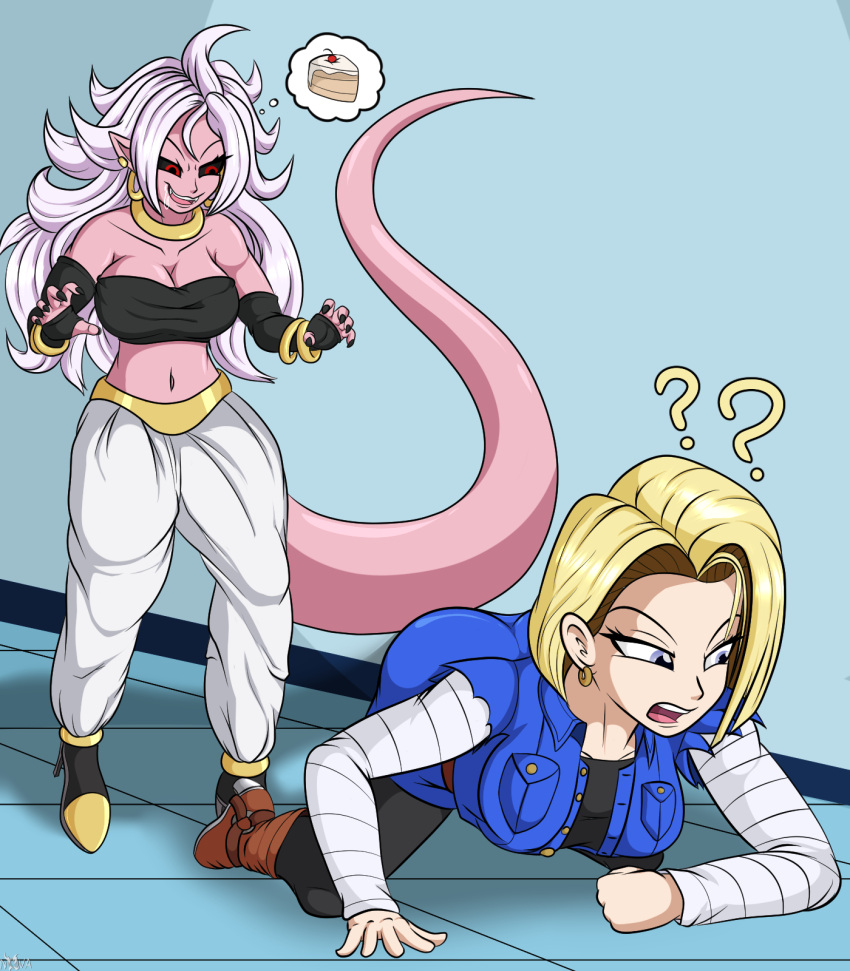 alien alien_humanoid andoid_21 android_18 android_21 ass big_breasts black_sclera blonde_hair blue_eyes breasts clothed clothing dragon_ball dragon_ball_fighterz dragon_ball_z duo ear_piercing female hair hi_res human humanoid humanoid_pointy_ears imminent_vore long_hair majin majin_android_21 mammal not_furry novaspark piercing pink_body pink_skin red_eyes white_hair