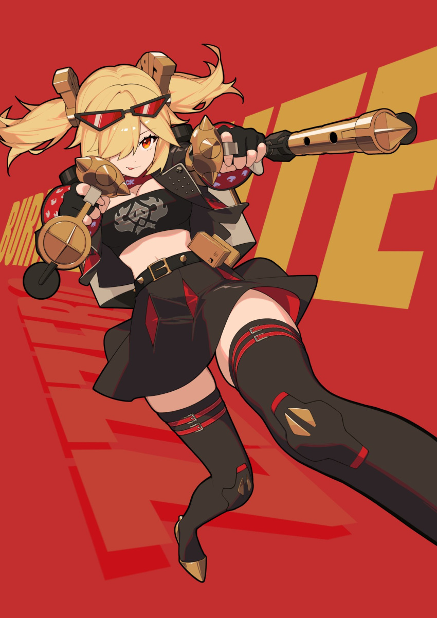 black_gloves black_jacket black_skirt black_thighhighs blonde_hair breasts buncho_salmon burnice_white crop_top eyewear_on_head female flamethrower gloves highres holding_flamethrower jacket medium_breasts orange_eyes short_hair short_twintails skirt sunglasses thighhighs tinted_eyewear tonfa twintails weapon zenless_zone_zero