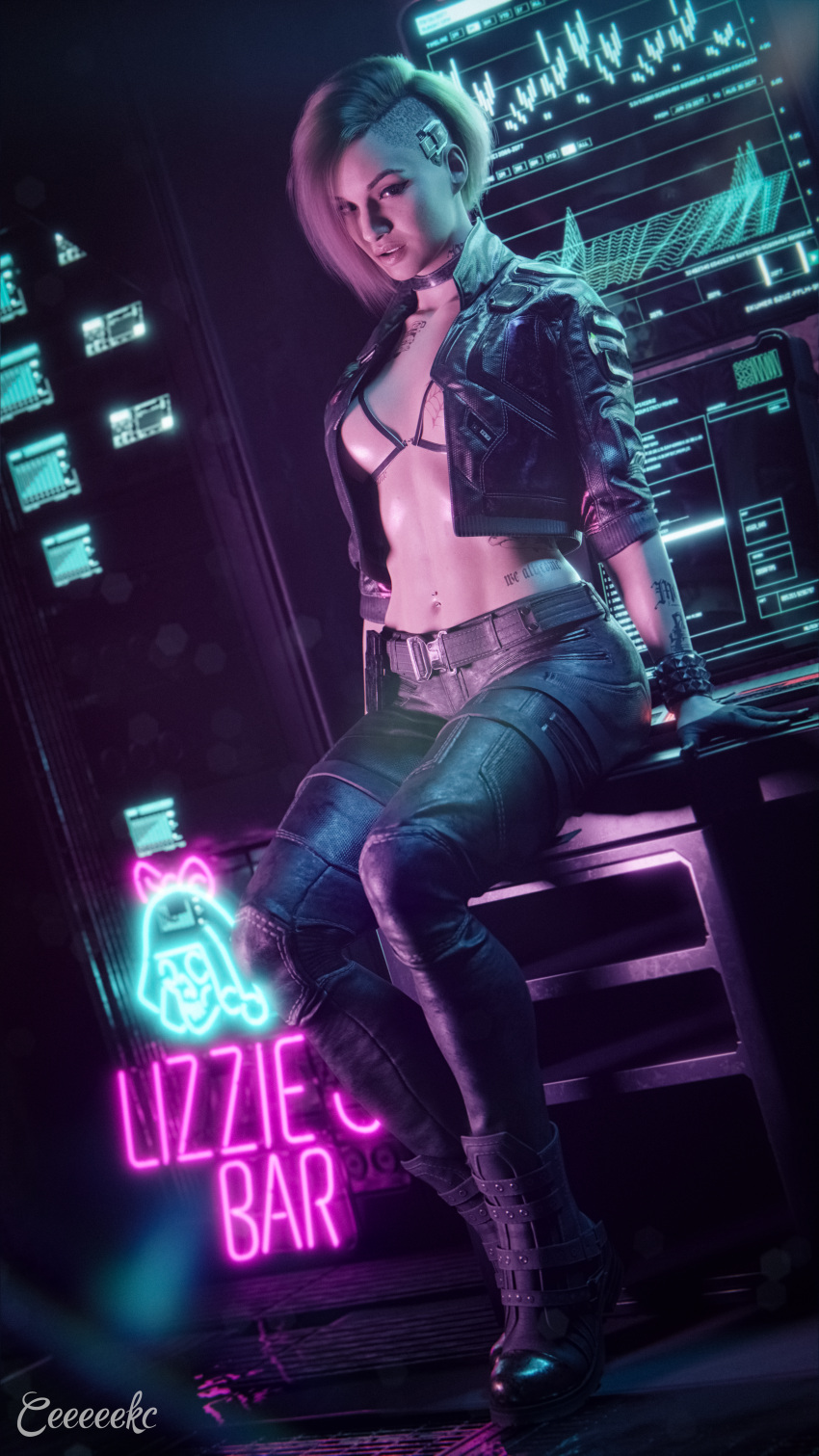 3d absurdres artist_name asymmetrical_hair black_choker black_footwear black_gloves black_jacket black_pants blender_(medium) boots ceeeeekc choker cropped_jacket cyberpunk_(series) cyberpunk_2077 female gloves highres jacket judy_alvarez looking_at_viewer neon_lights open_clothes open_jacket pants sidecut signature sitting solo tattoo undercut