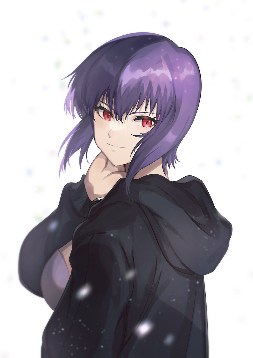 absurdres closed_mouth eyelashes female ghost_in_the_shell hair_between_eyes highres hood hooded_jacket jacket kusanagi_motoko long_sleeves looking_at_viewer purple_hair red_eyes short_hair simple_background solo upper_body white_background yasaikakiage