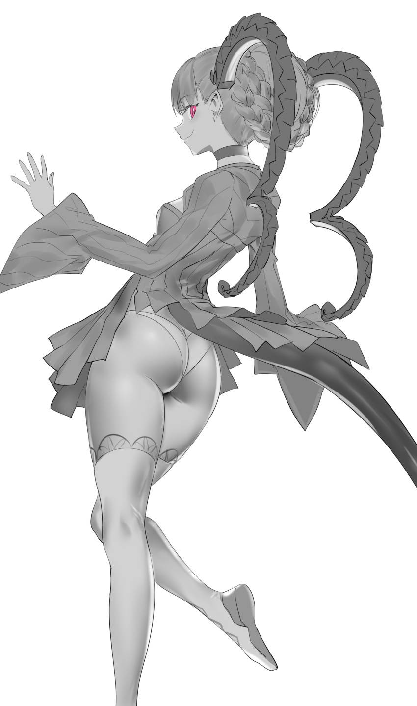 absurdres ass back braid braided_bun breasts choker curled_horns das_(dan_dan) double_bun dress fate/grand_order fate_(series) female greyscale hair_bun highres horns jewelry larva_tiamat_(fate) larva_tiamat_(first_ascension)_(fate) long_hair long_horns long_sleeves looking_at_viewer monochrome pendant pink_eyes pointy_ears ribbed_dress small_breasts smile solo spot_color symbol-shaped_pupils tail thighhighs thighs tiamat_(fate)