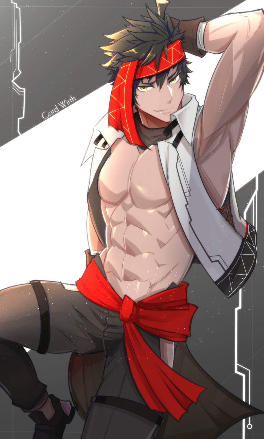 1boy abs absurdres aqhiragi arm_behind_head arm_up bare_pectorals black_hair black_pants brown_gloves closed_mouth gloves hair_between_eyes headband highres looking_at_viewer male_focus no_nipples open_clothes open_vest original pants pectorals red_headband short_hair solo vest white_vest yellow_eyes