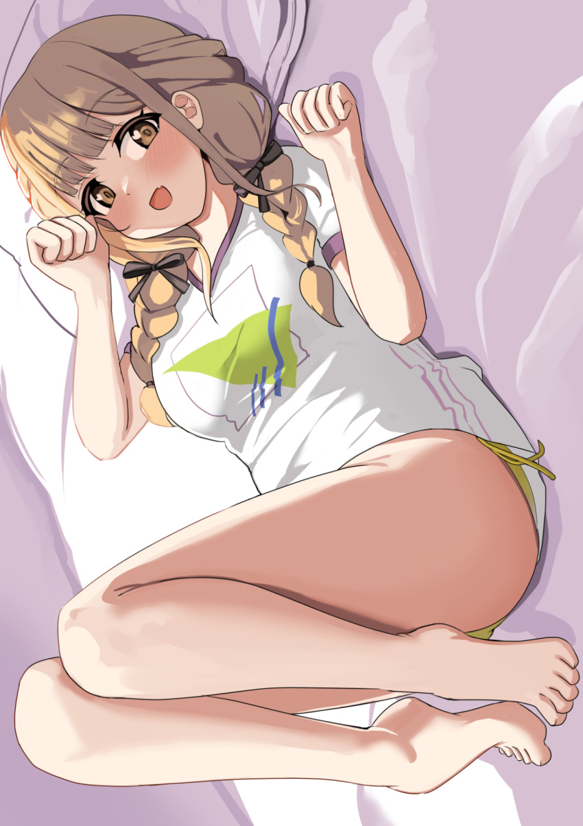 :d bad_feet bare_legs barefoot black_ribbon blunt_bangs blush braid breasts brown_eyes brown_hair clenched_hands commentary_request female fujita_kotone full_body gakuen_idolmaster hair_ribbon half_updo highres idolmaster knees_up large_breasts long_hair looking_at_viewer low_twin_braids lying oerba_yun_fang on_back on_bed open_mouth panties partial_commentary pisagi ribbon shirt short_sleeves side-tie_panties skin_fang smile solo t-shirt toes twin_braids underwear v-neck white_shirt yellow_panties