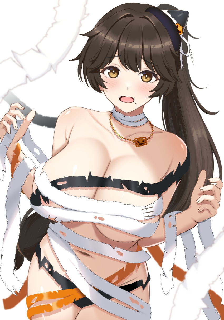 bandaged_chest bandaged_neck bandages black_hat black_panties black_ribbon blurry blurry_foreground blush breasts brown_hair commentary_request cowboy_shot dolphin_wave female groin halloween_costume hands_up hat hat_ribbon high_ponytail highres jack-o'-lantern_hat_ornament jewelry large_breasts long_hair looking_at_viewer mini_hat mole mole_under_mouth mummy_costume navel necklace official_alternate_costume open_mouth orange_ribbon paid_reward_available panties pendant raised_eyebrows ribbon side_ponytail simple_background solo standing stomach surippa1010 tilted_headwear torn_bandages torn_ribbon underwear very_long_hair w_arms white_background white_ribbon witch_hat yamaba_yume yellow_eyes