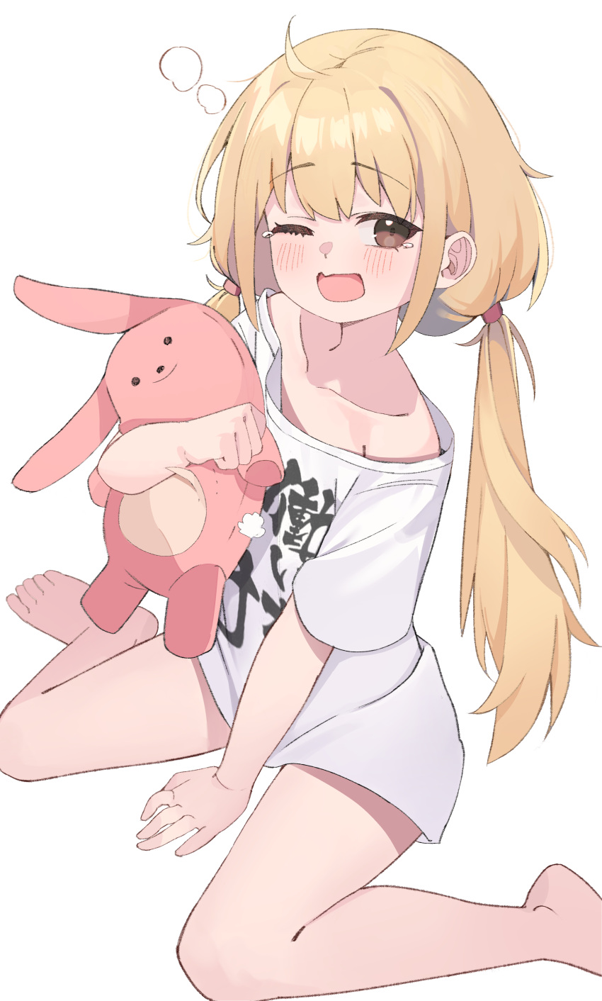 ;o absurdres ahoge arm_support bare_legs barefoot blonde_hair blush commentary feet female futaba_anzu highres idolmaster idolmaster_cinderella_girls long_hair looking_at_viewer loose_clothes loose_shirt no_pants one_eye_closed shirt short_sleeves simple_background sitting sleepy solo squeans stuffed_animal stuffed_rabbit stuffed_toy tears toes tpq1228 twintails very_long_hair wariza white_background you_work_you_lose