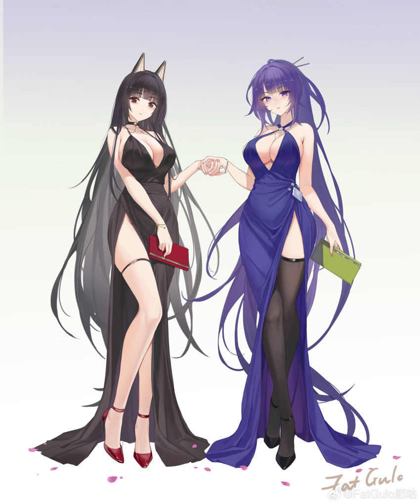 2girls absurdres akagi_(warship_girls_r) animal_ears bag bare_shoulders black_choker black_dress black_footwear black_hair blue_dress bracelet breasts choker cleavage closed_mouth dress fatgulofei_gu full_body gradient_background hair_ornament hair_stick halter_dress halterneck handbag high_heels high_ponytail highres holding jewelry large_breasts long_hair looking_at_viewer multiple_girls petals ponytail purple_eyes purple_hair red_eyes red_footwear shinano_(warship_girls_r) side_slit simple_background sleeveless sleeveless_dress smile standing thigh_strap thighhighs very_long_hair warship_girls_r weibo_logo weibo_watermark white_background