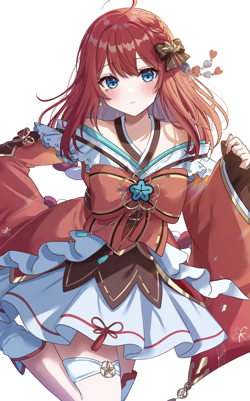 absurdres blue_eyes blush commission female frilled_kimono frills hair_ornament halterneck highres japanese_clothes kimono long_sleeves looking_at_viewer off_shoulder original red_hair red_kimono red_ribbon ribbon shinzousan simple_background skeb_commission skirt skirt_set sleeves_past_wrists solo thigh_strap white_background white_skirt wide_sleeves