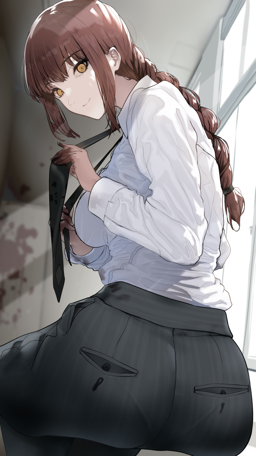 adjusting_clothes adjusting_necktie ass black_pants blood blood_splatter braid braided_ponytail breasts brown_hair chainsaw_man female highres indoors light_smile long_hair looking_at_viewer looking_back makima_(chainsaw_man) medium_breasts necktie nonohachi pants ringed_eyes shirt shirt_tucked_in sidelocks sitting solo white_shirt yellow_eyes