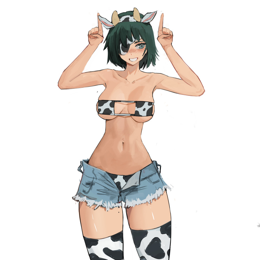 absurdres animal_ears animal_print arm_up armpits bare_arms bare_shoulders bikini bikini_under_clothes blue_shorts blush breasts chainsaw_man collarbone cow_ears cow_girl cow_horns cow_print cow_print_bikini cow_print_thighhighs cowboy_shot cutoffs denim denim_shorts eyepatch eyepatch_bikini fake_animal_ears fake_horns female green_eyes grin highres himeno_(chainsaw_man) horned_headwear horns looking_to_the_side medium_breasts narrow_waist navel no_shirt one-eyed one_eye_covered open_clothes open_fly open_mouth open_shorts pointing pointing_up print_bikini print_thighhighs short_hair short_shorts shorts simple_background skindentation skinny smile solo standing stomach strapless strapless_bikini string_bikini swimsuit teeth tefi_blum thighhighs thighs underboob unzipped white_background wide_hips