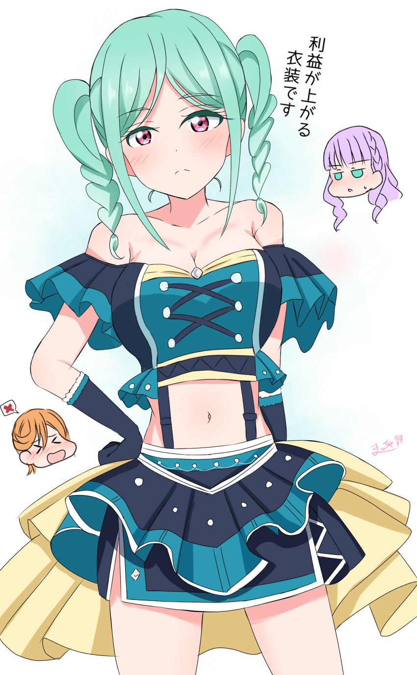 3girls absurdres aqua_eyes bandeau blue_bandeau blue_skirt blunt_bangs blush braid braided_twintails breasts cleavage closed_mouth collarbone commentary cowboy_shot frilled_bandeau frown highres large_breasts lone_nape_hair long_hair love_live! love_live!_superstar!! matcha_moti_(matcha_427) medium_hair midriff miniskirt multiple_girls navel nose_blush off-shoulder_bandeau off_shoulder onitsuka_tomari orange_hair parted_bangs pink_eyes purple_hair shibuya_kanon side_braids sidelocks simple_background skirt solo_focus split_mouth spoken_x sweatdrop translated wavy_hair white_background wien_margarete