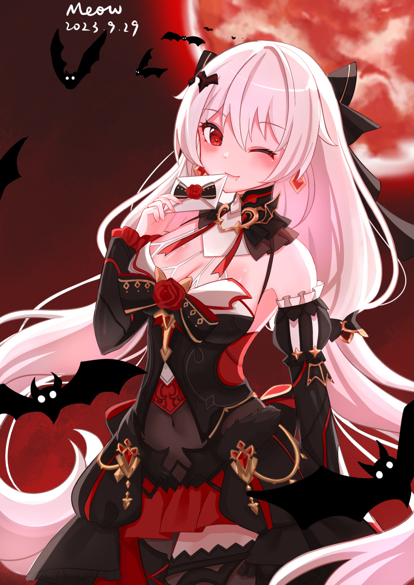 absurdres artist_name bat_(animal) bat_hair_ornament black_dress black_ribbon black_thighhighs breasts chinese_commentary cleavage closed_mouth commentary_request covered_navel cowboy_shot dated dress female hair_ornament hair_ribbon highres holding holding_letter honkai_(series) honkai_impact_3rd large_breasts letter long_hair looking_at_viewer meow moon navel night night_sky one_eye_closed red_eyes red_moon ribbon sky smile theresa_apocalypse theresa_apocalypse_(luna_kindred) theresa_apocalypse_(lunar_vow:_crimson_love) thighhighs thighs white_hair