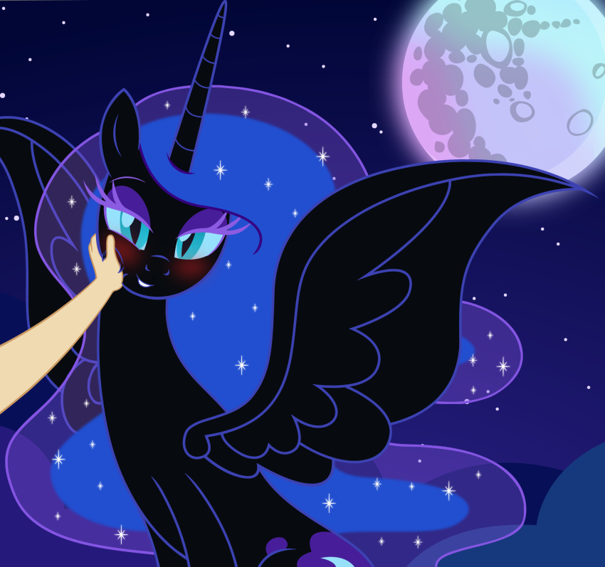 alicorn badumsquish black_body blue_eyes blue_theme blush cutie_mark duo equid equine ethereal_hair ethereal_tail eyeshadow female feral friendship_is_magic full_moon hasbro hi_res horn human looking_at_viewer makeup mammal moon my_little_pony mythological_creature mythological_equine mythology night nightmare_moon_(mlp) offscreen_character petting pupils purple_eyeshadow slit_pupils smile sparkles star touching_cheek wings