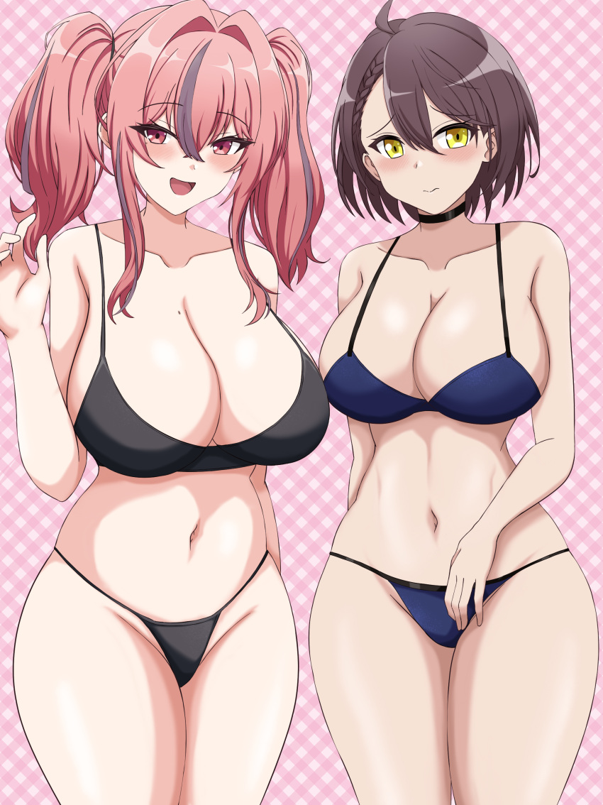 2girls :d absurdres ahoge azur_lane baltimore_(azur_lane) bare_shoulders black_bra black_choker black_panties blue_bra blue_panties blush bra braid breasts bremerton_(azur_lane) brown_hair choker cleavage closed_mouth collarbone commentary cowboy_shot grey_hair hair_between_eyes hair_intakes hand_up highres kuro_hopper large_breasts long_hair looking_at_viewer mole mole_on_breast mole_under_eye multicolored_hair multiple_girls navel open_mouth panties pink_eyes pink_hair plaid_background short_hair sidelocks smile standing stomach streaked_hair twintails two-tone_hair underwear yellow_eyes