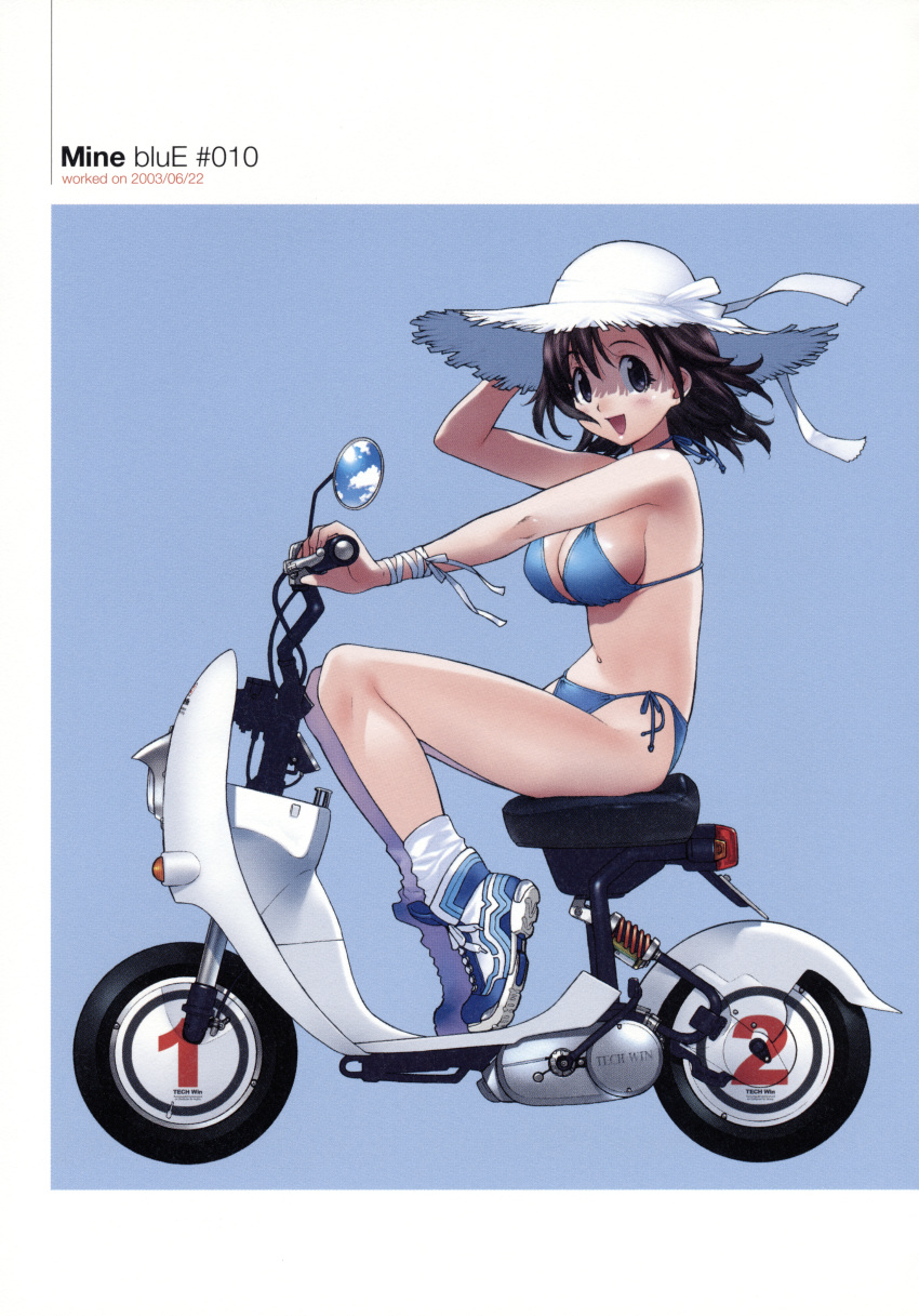 :d absurdres arm_up artbook bikini black_eyes blue_background blue_bikini blue_footwear blush breasts brown_hair color_halftone copyright_name dated female from_side full_body halterneck hand_on_headwear hat hat_ribbon highres large_breasts looking_at_viewer loose_socks mirror motor_vehicle multicolored_footwear navel on_scooter open_mouth ribbon riding scan scan_artifacts scooter shade shoes short_hair side-tie_bikini_bottom simple_background sitting smile sneakers socks solo straw_hat string_bikini sun_hat swimsuit tech_win tif-to-png_conversion tiptoes white_footwear white_hat white_ribbon white_socks wrist_ribbon yoshizaki_mine