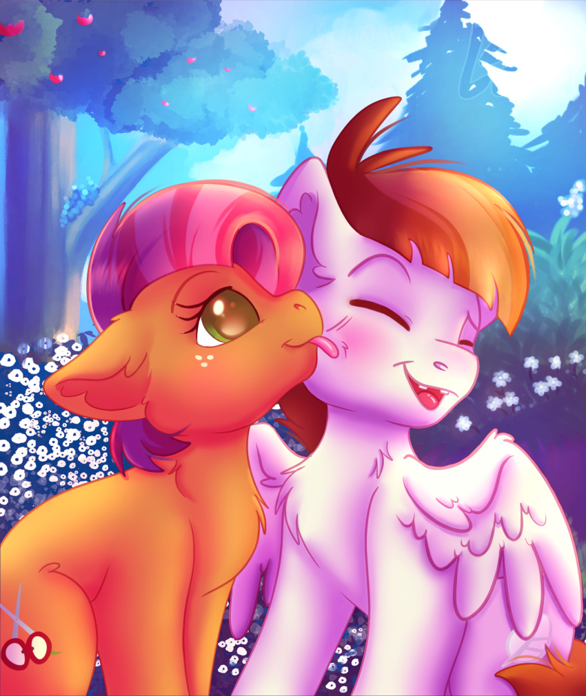 aged_up apple_tree babs_seed_(mlp) blush closed_eyes cutie_mark duo earth_pony embarrassed equid equine feathered_wings feathers featherweight_(mlp) female feral forest forest_background freckles friendship_is_magic fruit_tree green_eyes hair hasbro hi_res horse kissing male male/female mammal my_little_pony mythological_creature mythological_equine mythology nature nature_background pegasus plant pony red_hair tongue tongue_out tree wings zobaloba