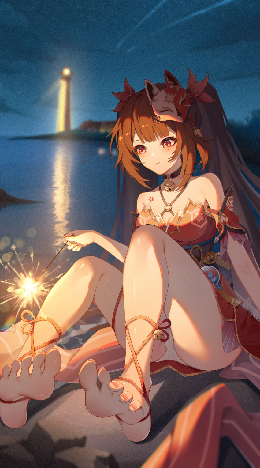 absurdres bare_shoulders barefoot bell black_choker black_sash blurry blurry_background brown_hair butterfly-shaped_pupils choker congyu criss-cross_halter dress female flower_tattoo fox_mask halterneck highres holding holding_fireworks honkai:_star_rail honkai_(series) lighthouse mask mask_on_head neck_bell night night_sky o-ring ocean panties red_dress red_sleeves sash sky sparkle_(honkai:_star_rail) symbol-shaped_pupils tattoo twintails underwear white_panties