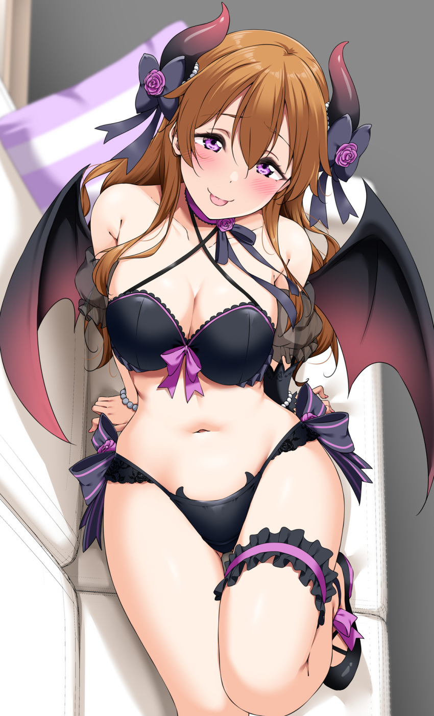 :p adapted_costume bat_wings bikini black_bikini black_bow black_footwear black_horns black_wings blush bow breasts brown_hair cleavage closed_mouth commentary criss-cross_halter demon_girl demon_horns demon_wings female flower foot_out_of_frame frilled_thigh_strap gradient_wings hair_between_eyes halterneck highres horn_bow horn_flower horn_ornament horns konoe_kanata large_breasts long_hair looking_at_viewer love_live! love_live!_nijigasaki_high_school_idol_club lying multicolored_wings navel on_back pink_horns pink_wings purple_eyes purple_flower purple_rose rose shoes smile solo stomach swimsuit tongue tongue_out wings yopparai_oni