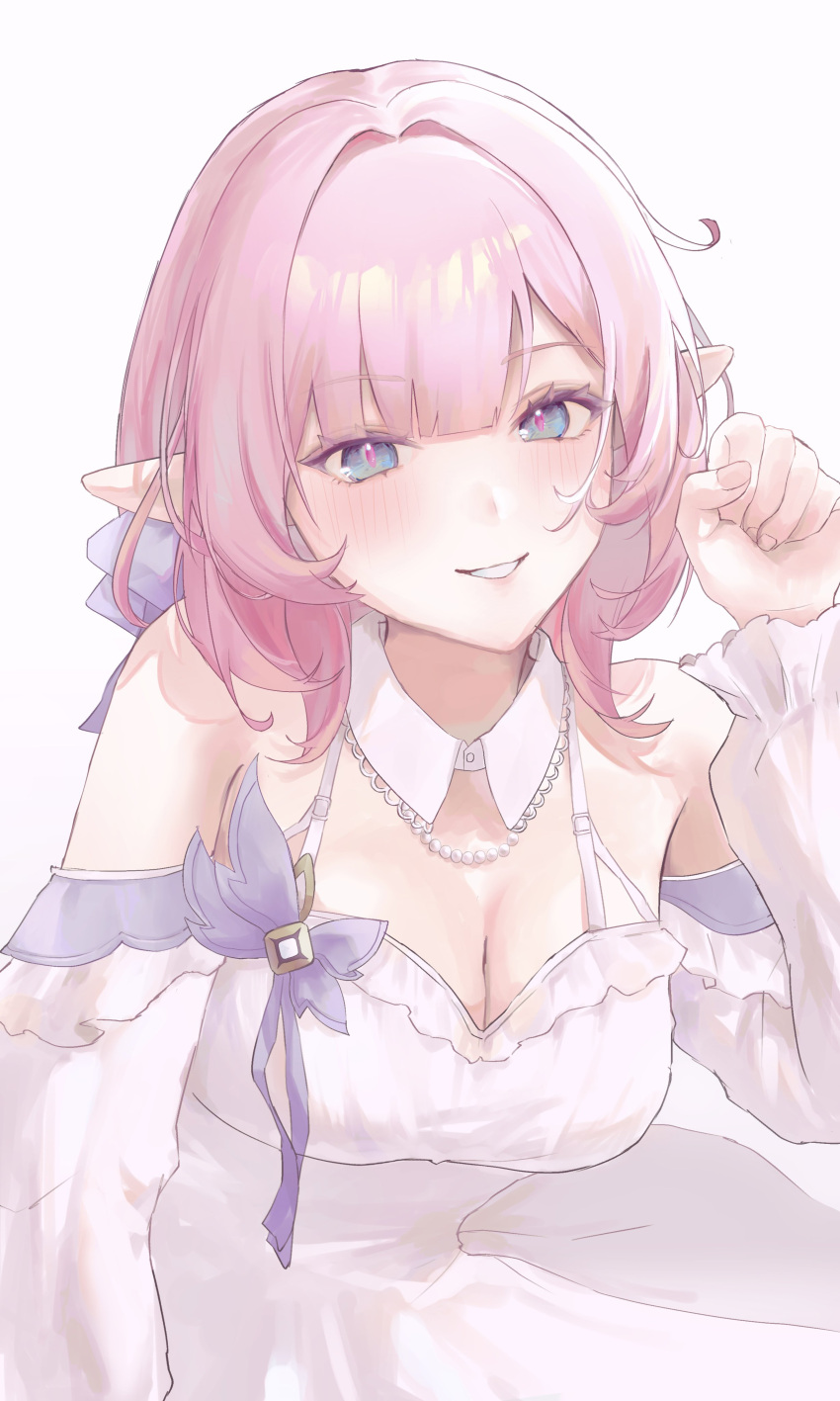 absurdres alternate_costume blue_eyes breasts cleavage commentary_request dress elf elysia_(honkai_impact) female highres honkai_(series) honkai_impact_3rd jewelry large_breasts long_hair looking_at_viewer myamyamyako necklace off-shoulder_dress off_shoulder parted_lips pearl_necklace pink_hair pointy_ears simple_background smile solo upper_body white_background white_dress