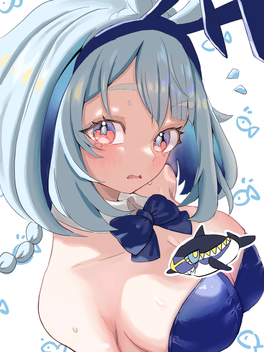 animal_ears bare_shoulders blue_bow blue_bowtie blue_hair blue_leotard blush bow bowtie breasts censored character_censor cleavage dang0r0moti detached_collar fake_animal_ears female genshin_impact highres leotard light_blue_hair looking_at_viewer mualani_(genshin_impact) novelty_censor playboy_bunny rabbit_ears red_eyes solo strapless strapless_leotard traditional_bowtie