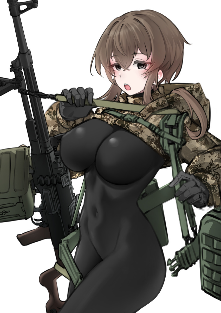 absurdres black_bodysuit black_gloves bodystocking bodysuit breasts brown_hair camouflage commentary covered_nipples cowboy_shot crossed_bangs female gloves gun hair_between_eyes highres holding holding_weapon hooded_shrug k0ng large_breasts long_sleeves looking_at_viewer machine_gun open_mouth original pkp_pecheneg puffy_long_sleeves puffy_sleeves short_hair shrug_(clothing) simple_background solo weapon white_background