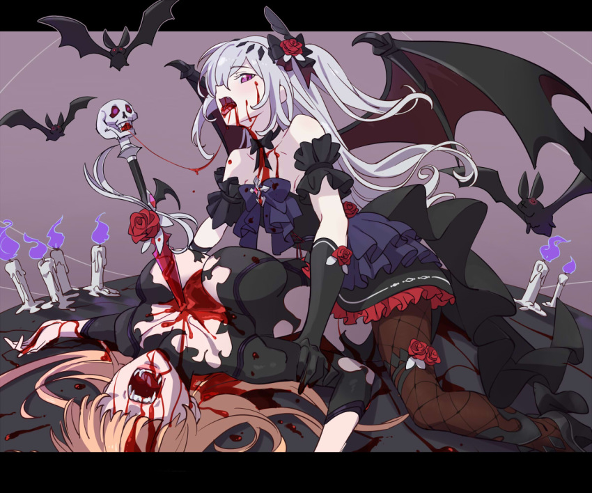 2girls bare_shoulders bat_(animal) bat_wings black_bow black_bowtie black_dress black_gloves black_pantyhose blonde_hair blood blood_on_clothes blood_on_face bow bowtie breasts candle collarbone commission dress elbow_gloves fishnet_pantyhose fishnets flower frilled_dress frills futa_yuri_ryona gloves hair_flower hair_ornament hair_over_eyes hairbow large_breasts long_hair looking_at_viewer mare_(ac8231) multiple_girls oerba_yun_fang one_side_up open_mouth original pantyhose red_eyes red_flower red_rose rose skeb_commission skull sword tongue tongue_out vampire weapon white_hair wings