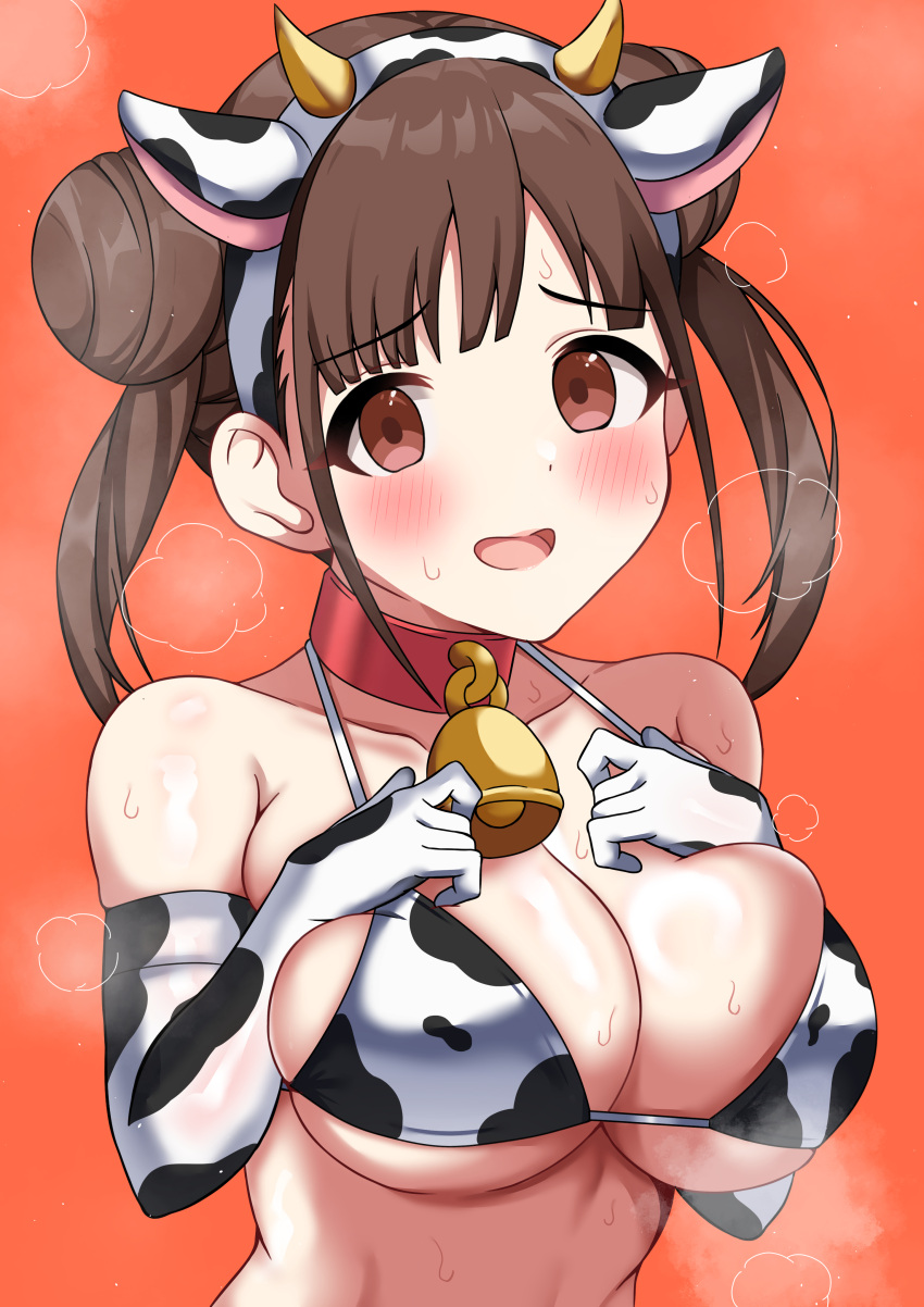 absurdres animal_ears animal_print bare_shoulders bell bikini blunt_bangs blush breasts brown_eyes brown_hair bursting_breasts choker cleavage collarbone cow_ears cow_horns cow_print cow_print_bikini cow_print_gloves cowbell double_bun elbow_gloves embarrassed fake_animal_ears female furrowed_brow gloves hair_bun hairband halterneck hands_on_own_chest hands_up highres horn_hairband horns idolmaster idolmaster_shiny_colors itou_souta large_breasts looking_at_viewer medium_hair neck_bell open_mouth orange_background print_bikini print_gloves red_choker shiny_skin sidelocks simple_background skindentation smile solo sonoda_chiyoko steam string_bikini sweat swimsuit twintails underboob upper_body