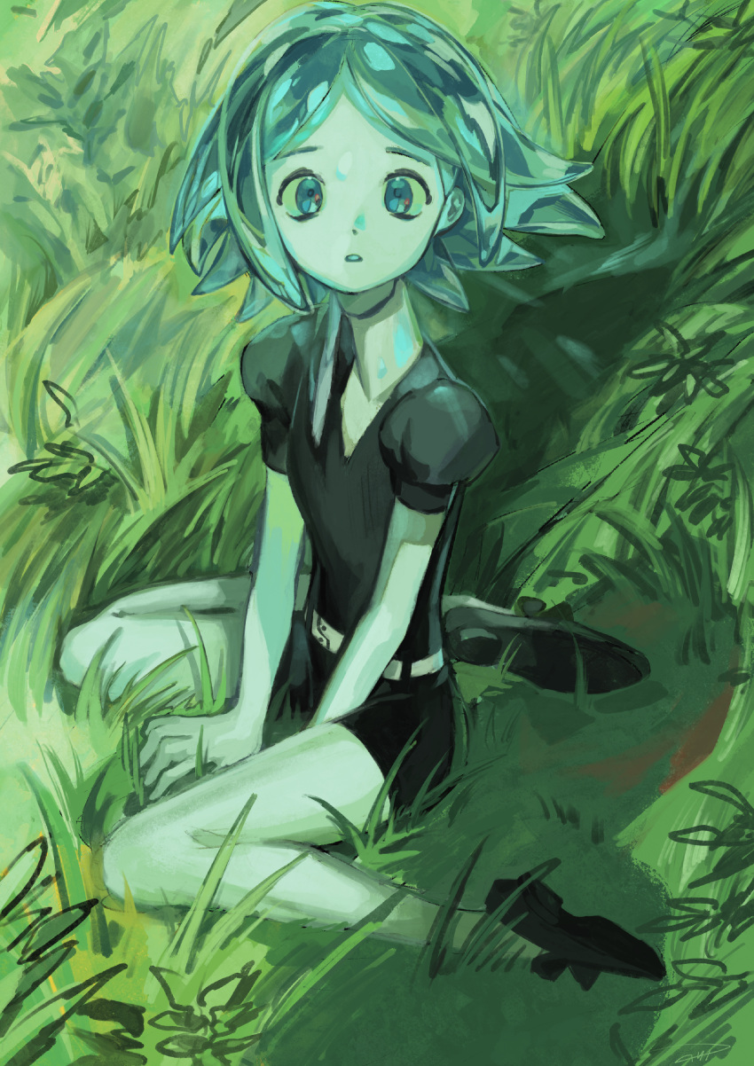 1other absurdres aqua_eyes aqua_hair between_legs black_footwear black_shirt collared_shirt colored_skin commentary_request crystal_hair from_above frown gem_uniform_(houseki_no_kuni) glowing glowing_hair grass hand_between_legs highres houseki_no_kuni looking_at_viewer marino_(oyasumi) necktie other_focus parted_hair phosphophyllite puffy_sleeves shirt shoes short_hair short_shorts shorts sitting solo wariza white_shirt white_skin wind